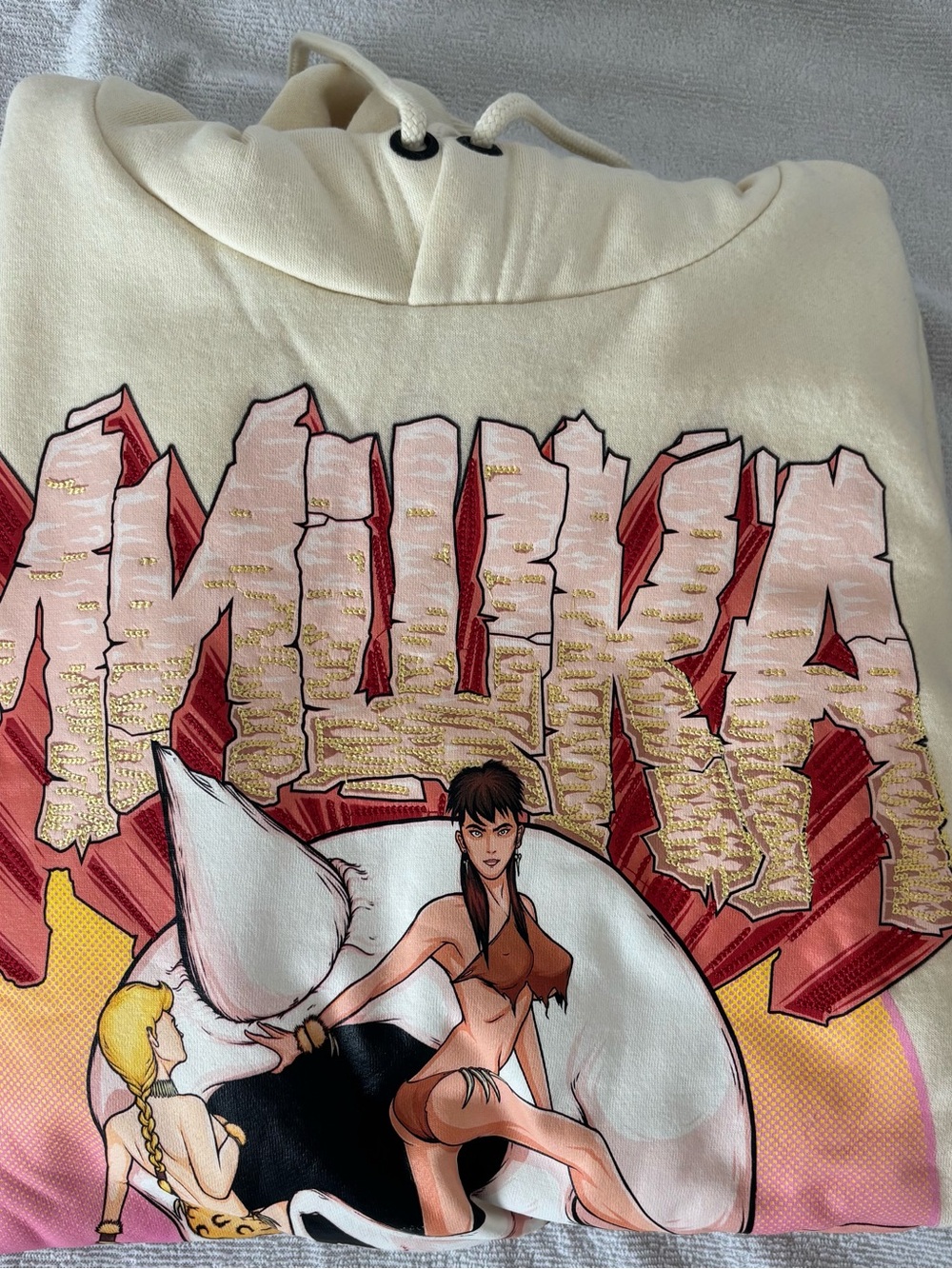 Mens Graphic Hoodie - Cream with Pink & Red Anime Print